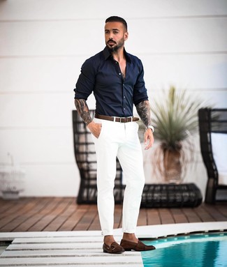 Dark Brown Leather Double Monks Smart Casual Outfits: A navy long sleeve shirt and white chinos? This is easily a wearable getup that any guy could sport on a daily basis. Serve a little outfit-mixing magic by sporting a pair of dark brown leather double monks.