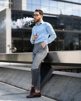 Double Monks Outfits: If you're a fan of casual ensembles, why not wear a light blue long sleeve shirt and grey chinos? Complete this look with a pair of double monks to effortlessly amp up the wow factor of this ensemble.
