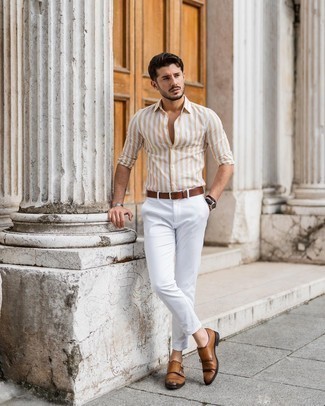 Dark Brown Leather Double Monks Outfits: You'll be surprised at how easy it is for any man to get dressed this way. Just a tan vertical striped long sleeve shirt and white chinos. Inject your ensemble with a dash of sophistication by wearing dark brown leather double monks.