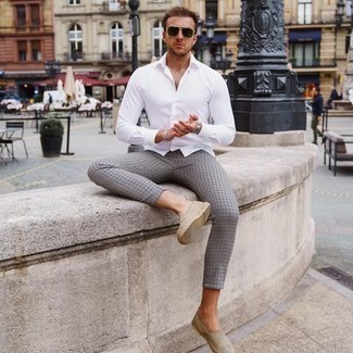 Grey Houndstooth Chinos Outfits: Marry a white long sleeve shirt with grey houndstooth chinos to pull together an extra dapper and current relaxed casual outfit. When it comes to footwear, this look pairs really well with beige suede espadrilles.