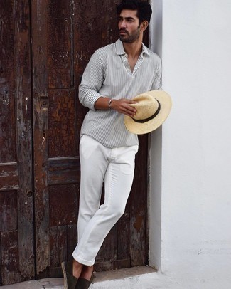 Beige Straw Hat Outfits For Men: For a look that's extremely easy but can be styled in a multitude of different ways, wear a white and black vertical striped long sleeve shirt with a beige straw hat. And if you wish to instantly rev up your outfit with a pair of shoes, introduce dark brown canvas espadrilles to the equation.