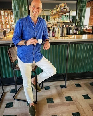 Navy Linen Long Sleeve Shirt Outfits For Men: This off-duty combo of a navy linen long sleeve shirt and white chinos is very easy to pull together in seconds time, helping you look awesome and prepared for anything without spending a ton of time rummaging through your closet. On the footwear front, this getup is complemented perfectly with olive suede espadrilles.