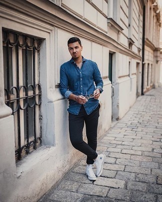 Men's Blue Chambray Long Sleeve Shirt, Black Vertical Striped Chinos, White Canvas High Top Sneakers, Silver Sunglasses