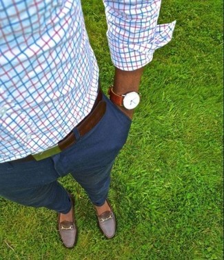 Men's White and Red and Navy Plaid Long Sleeve Shirt, Navy Chinos, Dark Brown Leather Loafers, Dark Brown Leather Belt