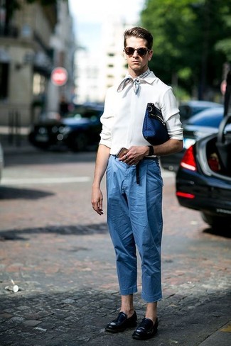 White Bandana Outfits For Men: A white long sleeve shirt and a white bandana are must-have staples if you're figuring out an off-duty wardrobe that matches up to the highest sartorial standards. Bring a more polished twist to an otherwise everyday outfit by wearing black leather loafers.