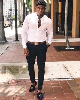 Men's White Long Sleeve Shirt, Black Navy Velvet Loafers, Brown Leather Belt | Lookastic