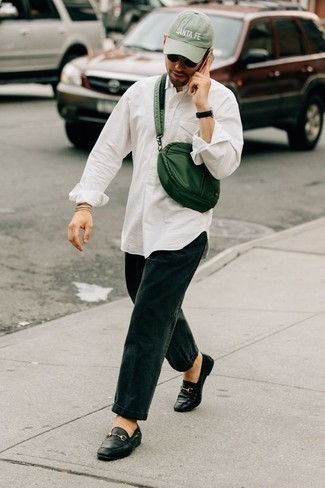 Green Baseball Cap Outfits For Men: A white long sleeve shirt and a green baseball cap are a nice combo that will carry you throughout the day. Balance out your outfit with a smarter kind of footwear, like these black leather loafers.