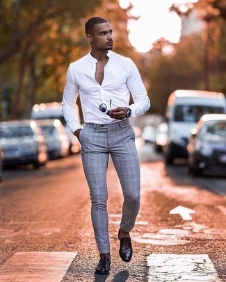 Men's White Long Sleeve Shirt, Grey Check Chinos, Black Leather Loafers, Navy Sunglasses