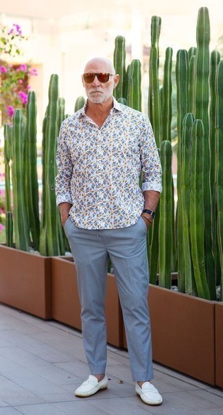 Men's White Floral Long Sleeve Shirt, Light Blue Chinos, White Leather Loafers, Red Sunglasses