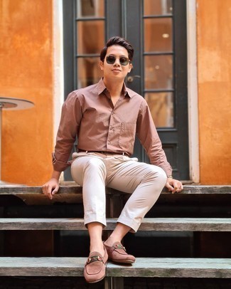 Men's Pink Long Sleeve Shirt, White Chinos, Brown Suede Loafers, Brown Leather Belt