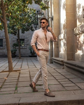 Men's Pink Long Sleeve Shirt, White Vertical Striped Chinos, Brown Suede Loafers, Tobacco Leather Belt