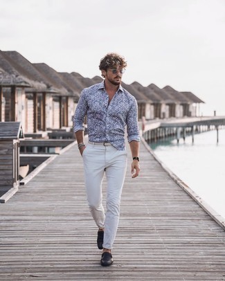 White and Navy Print Long Sleeve Shirt Outfits For Men: Why not marry a white and navy print long sleeve shirt with white chinos? As well as very comfortable, both pieces look good paired together. And it's amazing what navy leather loafers can do for the ensemble.
