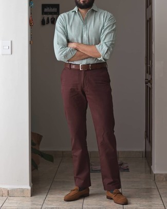 Men's White and Green Vertical Striped Long Sleeve Shirt, Brown Chinos, Brown Suede Loafers, Brown Leather Belt