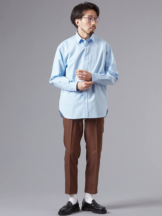Men's Light Blue Long Sleeve Shirt, Brown Chinos, Black Leather Loafers, Clear Sunglasses