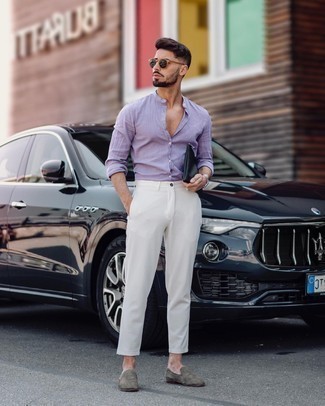 Light Violet Long Sleeve Shirt Outfits For Men: For an off-duty look with a twist, you can easily rely on a light violet long sleeve shirt and white chinos. A pair of grey canvas loafers effortlessly turns up the wow factor of this outfit.