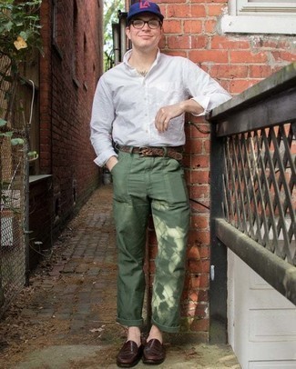 Men's White Long Sleeve Shirt, Olive Chinos, Dark Brown Leather Loafers, Navy Print Baseball Cap