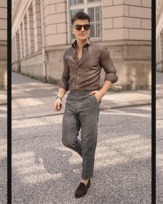 Brown Long Sleeve Shirt Outfits For Men: Go for a brown long sleeve shirt and grey check chinos to assemble a laid-back and cool look. To give your overall getup a dressier aesthetic, add a pair of dark brown suede loafers to the mix.