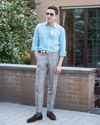 Men's Light Blue Linen Long Sleeve Shirt, Grey Plaid Chinos, Dark Brown Suede Loafers, White Woven Canvas Belt