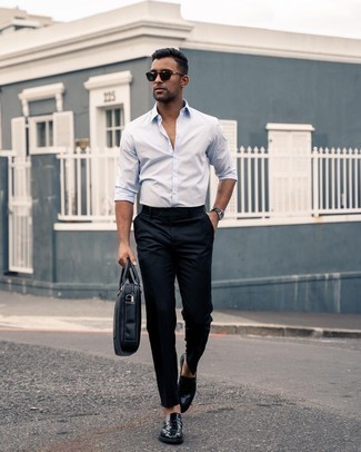 Navy Chinos Outfits: This is irrefutable proof that a light blue long sleeve shirt and navy chinos look amazing when paired together in a casual ensemble. On the fence about how to complement your look? Rock a pair of black leather loafers to smarten it up.