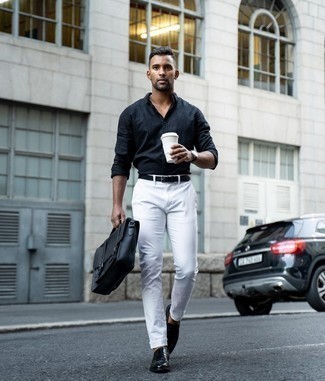 White Chinos Outfits: This pairing of a black long sleeve shirt and white chinos combines comfort and utility and helps you keep it simple yet modern. Black leather loafers introduce an elegant aesthetic to the getup.