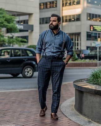 Men's Navy Chambray Long Sleeve Shirt, Navy Check Chinos, Dark Brown Leather Loafers, Navy and White Vertical Striped Suspenders