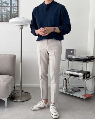 Men's Navy Long Sleeve Shirt, Grey Chinos, White Canvas Low Top Sneakers, Silver Watch