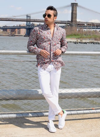 Men's Grey Floral Long Sleeve Shirt, White Chinos, White Leather Low Top Sneakers, Olive Sunglasses