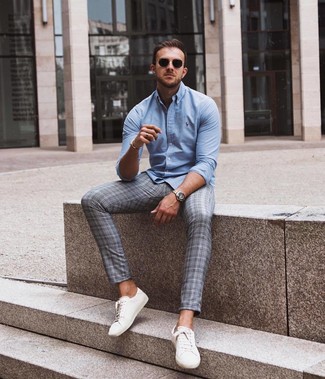 Men's Light Blue Long Sleeve Shirt, Grey Plaid Chinos, White Leather Low Top Sneakers, Black Sunglasses