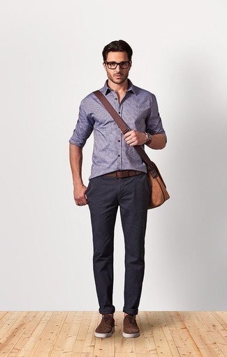 Light Violet Long Sleeve Shirt Outfits For Men: This pairing of a light violet long sleeve shirt and charcoal chinos combines comfort and efficiency and helps keep it low profile yet trendy. Want to break out of the mold? Then why not introduce brown suede low top sneakers to the equation?