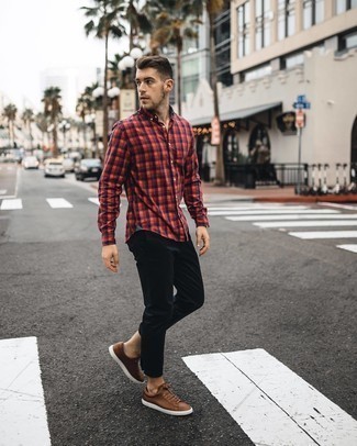 Men's Red and Navy Gingham Long Sleeve Shirt, Black Chinos, Brown Leather Low Top Sneakers, Black Leather Watch