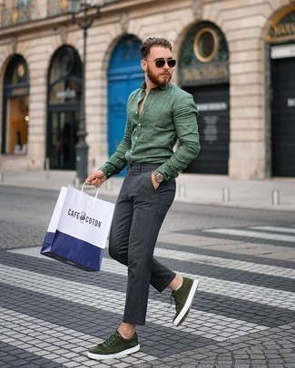 Olive Linen Long Sleeve Shirt Outfits For Men: For a cool and casual getup, wear an olive linen long sleeve shirt and charcoal chinos — these items play brilliantly together. If you need to easily tone down this outfit with a pair of shoes, why not add dark green suede low top sneakers to this look?