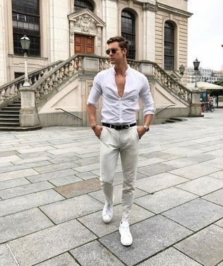 Men's White Long Sleeve Shirt, Grey Chinos, White Canvas Low Top Sneakers, Black Suede Belt