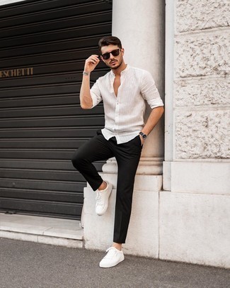 Men's White Vertical Striped Long Sleeve Shirt, Black Chinos, White Leather Low Top Sneakers, Dark Brown Sunglasses