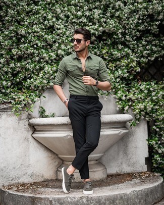 Dark Green Canvas Low Top Sneakers Outfits For Men: This combination of an olive long sleeve shirt and black chinos is simple, stylish and extremely easy to imitate. As for the shoes, you can take a more casual route with dark green canvas low top sneakers.