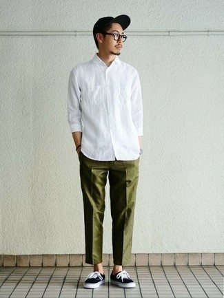 Men's White Long Sleeve Shirt, Olive Chinos, Black and White Canvas Low Top Sneakers, Black Baseball Cap