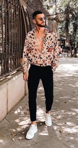 Beige Floral Long Sleeve Shirt Outfits For Men: This pairing of a beige floral long sleeve shirt and black chinos is indisputable proof that a safe casual look doesn't have to be boring. White canvas low top sneakers look wonderful completing your outfit.