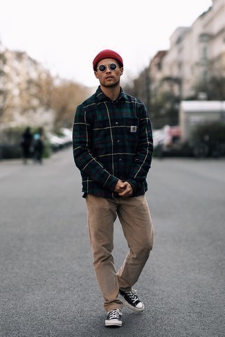 Men's Navy and Green Plaid Flannel Long Sleeve Shirt, Khaki Corduroy Chinos, Black and White Canvas Low Top Sneakers, Red Beanie
