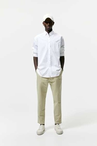 Men's White Long Sleeve Shirt, Beige Chinos, White Canvas Low Top Sneakers, White Baseball Cap