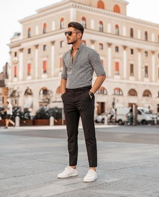 Men's White and Black Gingham Long Sleeve Shirt, Dark Brown Chinos, White Leather Low Top Sneakers, Dark Brown Sunglasses