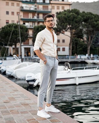 Men's Yellow Long Sleeve Shirt, Grey Chinos, White Leather Low Top Sneakers, Clear Sunglasses