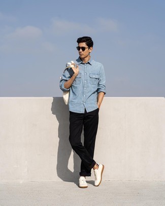 Light Blue Chambray Long Sleeve Shirt Outfits For Men: For a casual ensemble, make a light blue chambray long sleeve shirt and black chinos your outfit choice — these two items play beautifully together. Complete your outfit with white leather low top sneakers to avoid looking too formal.