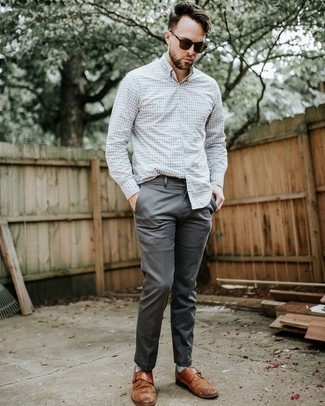 Brown Leather Monks Outfits: If the setting allows off-duty styling, you can go for a grey gingham long sleeve shirt and charcoal chinos. You could perhaps get a bit experimental when it comes to shoes and complete your outfit with a pair of brown leather monks.