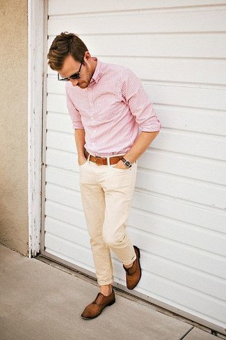 Men's Pink Vertical Striped Long Sleeve Shirt, Beige Chinos, Brown Leather Oxford Shoes, Brown Leather Belt