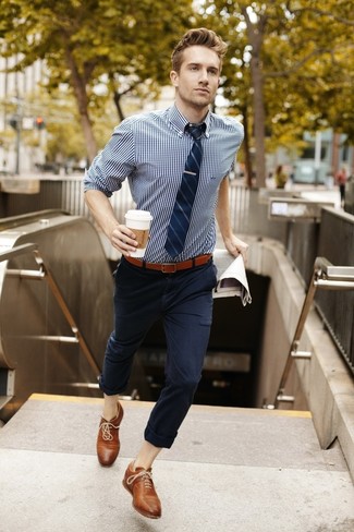 Men's White and Navy Gingham Long Sleeve Shirt, Navy Chinos, Brown Leather Oxford Shoes, Navy Vertical Striped Tie