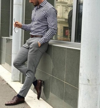 Men's White and Black Gingham Long Sleeve Shirt, Grey Chinos, Dark Brown Leather Oxford Shoes, Dark Brown Leather Belt