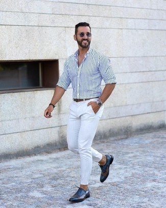 Blue Sunglasses Outfits For Men: A white and navy vertical striped long sleeve shirt looks especially good when married with blue sunglasses. For maximum impact, complete your look with navy leather oxford shoes.