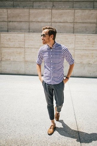 Men's White and Navy Gingham Long Sleeve Shirt, Charcoal Chinos, Brown Leather Oxford Shoes, Dark Green Sunglasses