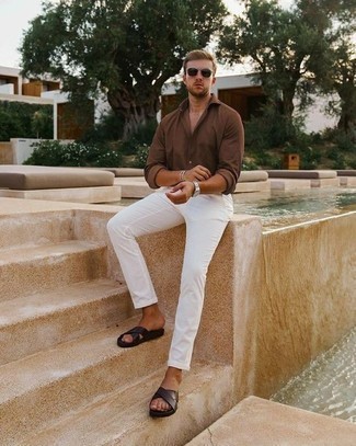 Tobacco Leather Sandals Outfits For Men: If you would like take your off-duty fashion game to a new height, wear a brown long sleeve shirt with white chinos. You know how to tone it down: tobacco leather sandals.