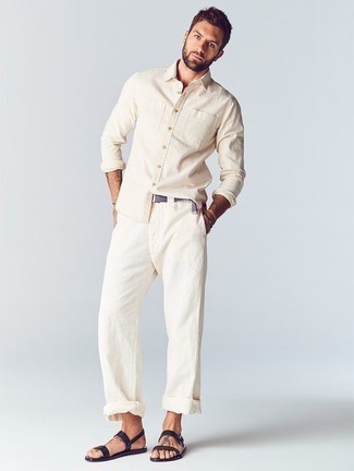 Men's Beige Long Sleeve Shirt, White Chinos, Black Leather Sandals, Light Violet Leather Belt
