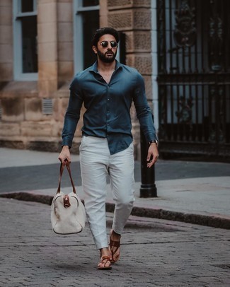 Brown Leather Sandals Outfits For Men: Want to infuse your menswear collection with some elegant dapperness? Consider teaming a navy long sleeve shirt with white chinos. For a more laid-back feel, complement your look with brown leather sandals.